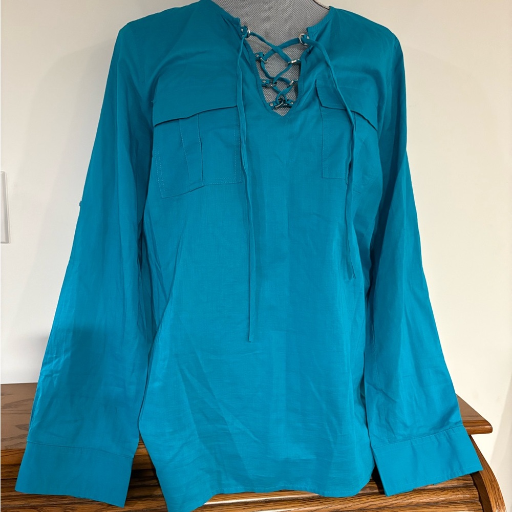 Michael Kors women’s Teal Lace-Up long sleeve Tunic pullover Blouse